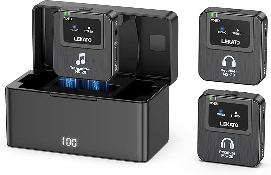 LEKATO Wireless in-Ear Monitor MS-20 Charging, 30H Battery Life with Box, 2.4G IEM System 1Transmitter 2 Receivers Auto-Pairing,OTG Support,One to More, in-Ear Monitoring for Studio,Live,Singer,Band