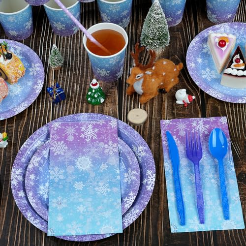Winter Snowflake Paper Plates and Napkins Set, Blue and Purple Snowflake Winter Wonderland Disposable Tableware for Christmas Winter Holiday New Year Birthday Party Supplies Decorations, Serve 25 by Zachely - Used condition - Image 4