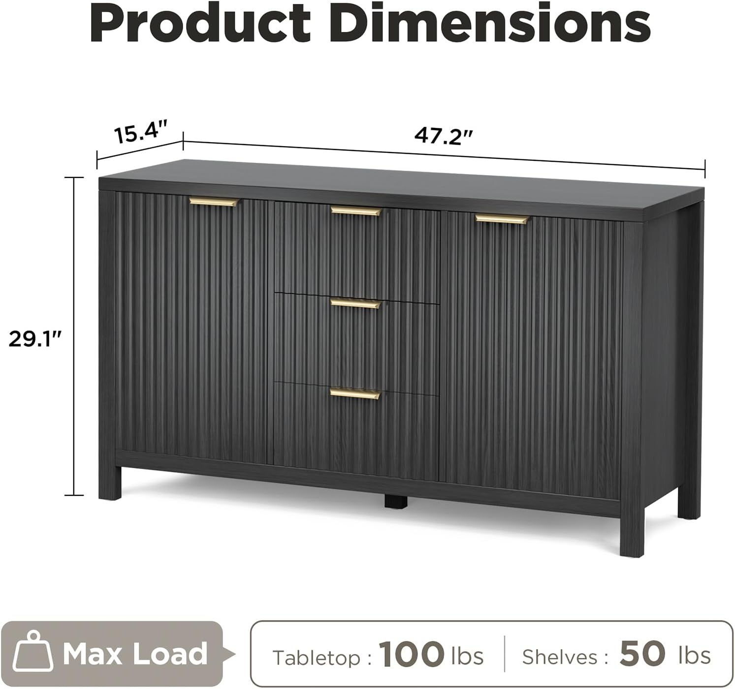 Modern Black Fluted Sideboard Buffet Cabinet with 3 Drawers - Stylish Storage Credenza for Kitchen, Entryway, and Living Room
