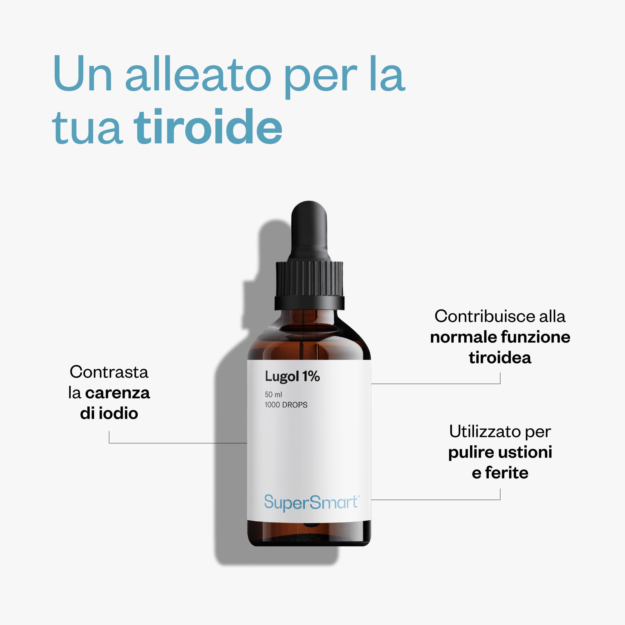 Lugol 1% - Gocce di iodio - Disinfetta ferite e ustioni - Soluzione di iodo-ioduro - Diiodio 1% - Ioduro di potassio 2% - Contribuisce al normale funzionamento della tiroide - 1000 gocce - Supersmart