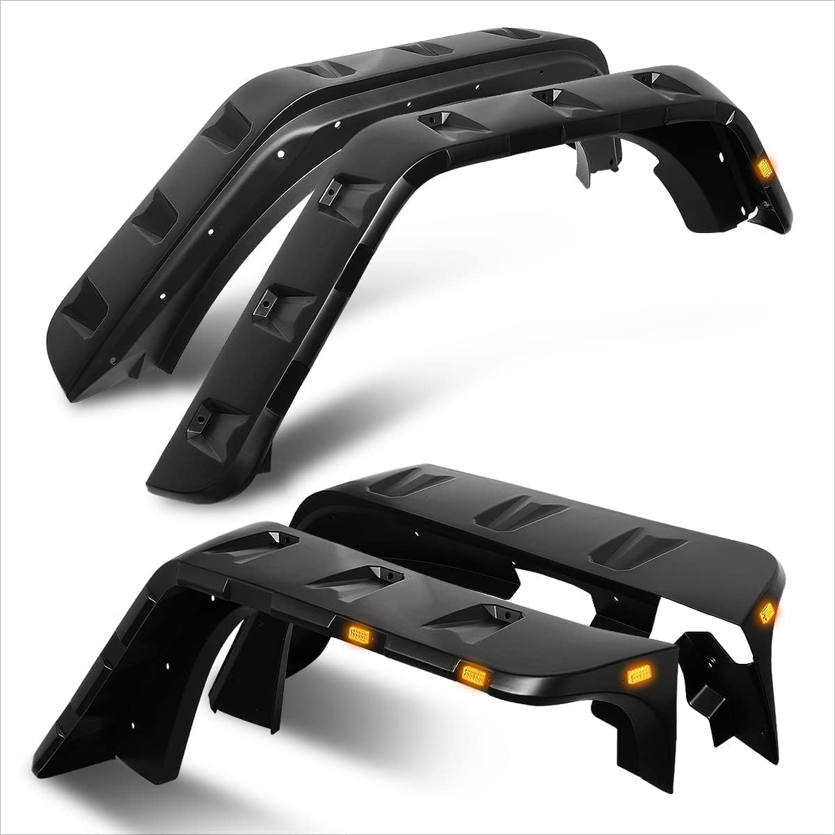 4Pcs Pocket-Rivet Fender Flares Compatible with 2007-2018 Jeep Wrangler /2018 Wrangler JK with Amber LED Marker Lights Paintable Textured Matte Black | Bolt-On Front & Rear Wheel Arch Trim