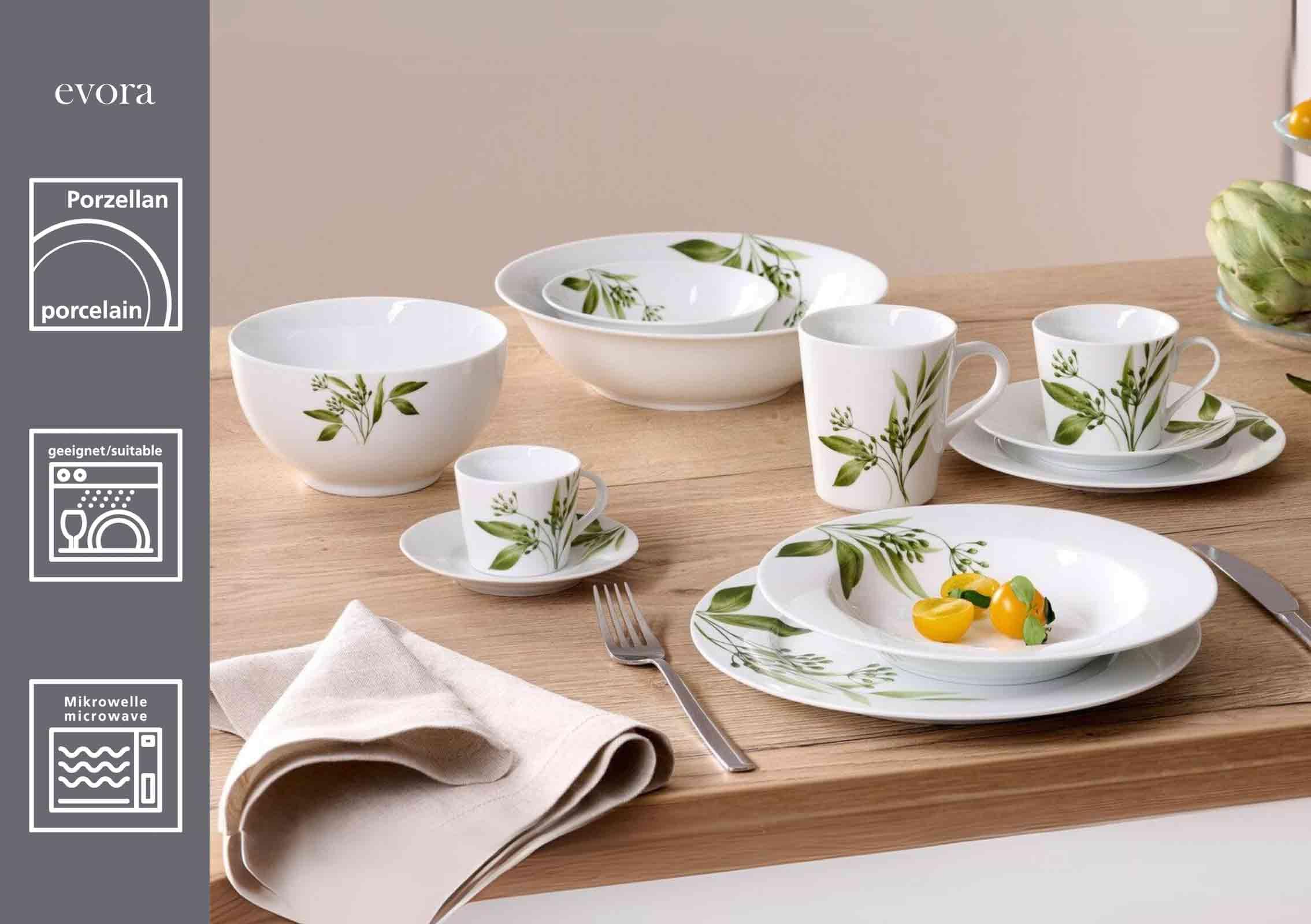 Ritzenhoff & Breker Evora Espressotassen mit Untertassen 6er Set, 100 ml, Zweig- und Blattmotive, Porzellan, Spülmaschinengeeignet, Weiß-Grün
