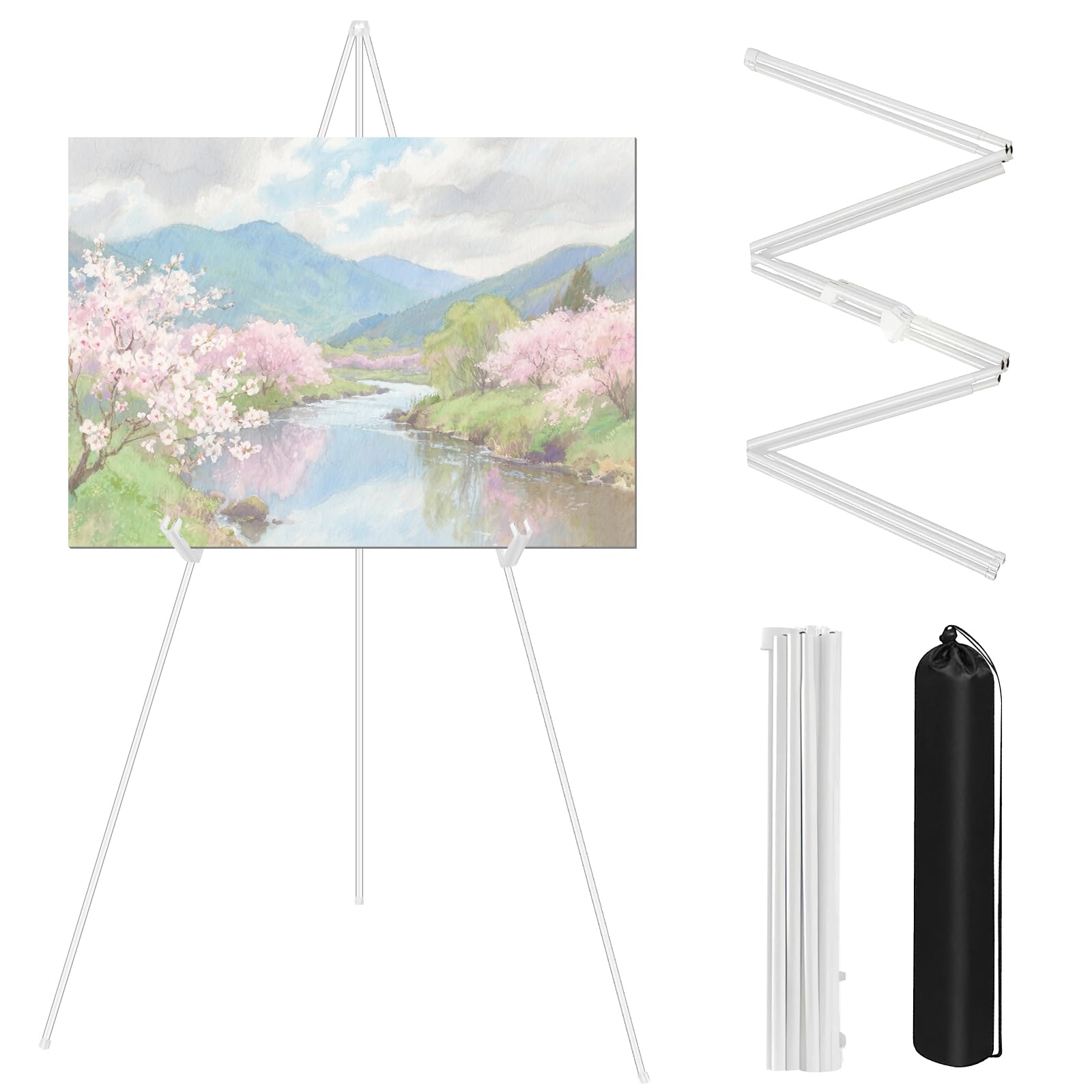 Woobroo Display Easel Stand for Wedding Sign, 160CM Collapsible Tripod Easel for Wedding Banners, Painting Canvas, Posters with Adjustable Plastic Clips & Carry Bag (white)