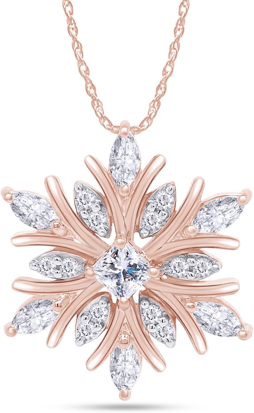 Jewel Zone US White Cubic Zirconia Snowflake Pendant Necklace in 14k Gold Over Sterling Silver