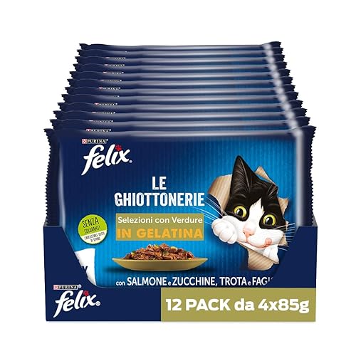 Immagine del prodotto Purina Felix Le Ghiottonerie Cibo Umido per Gatti con Salmone e Zucchine e con Trota e Fagiolini, 48 buste da 85g