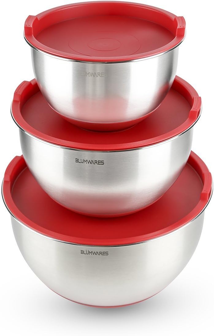 Best Stainless Steel Mixing Bowls Set of 3 with Airtight Lids, Nesting Bowls Set with Marked Measurements, Non-Slip Rubber Base, By Blümwares