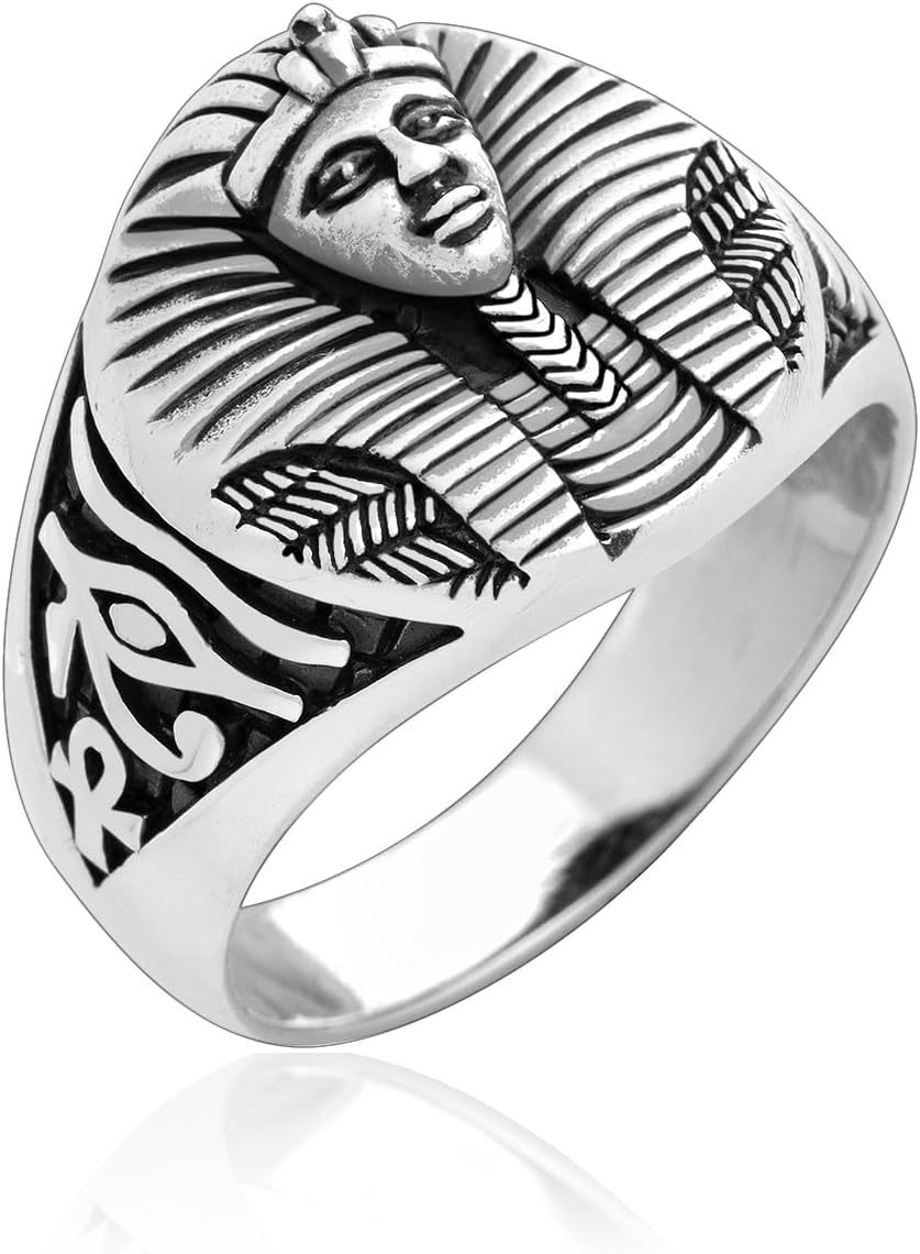 925 Sterling Silver Pharaoh Tutankhamun Eye of Horus Ankh Egyptian Symbols Ring