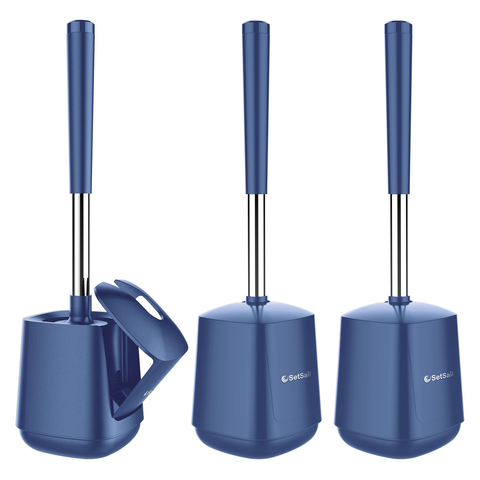 SetSail Toilet Brush and Holder 3 Pack, Self Closing Lid Toilet Bowl Brushes Holder Extra Long Handle Ventilated Toilet Brush Set for Bathroom Cleaning, Nylon Bristles, Dark &amp; Blue