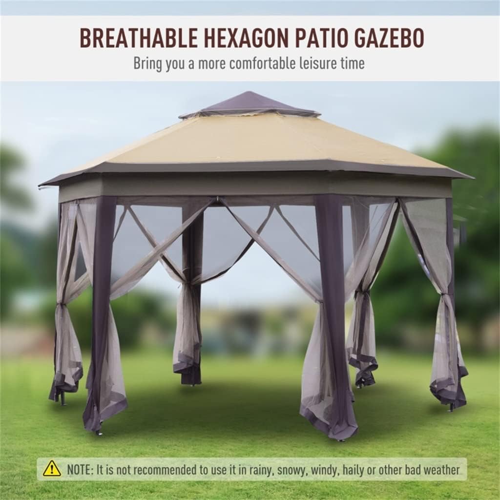 13' Patio Gazebo Steel Fabric Hexagonal with Mesh Sidewalls - Coffee and Beige