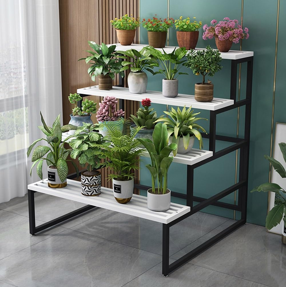 Mobile Storage Rack Freestanding Display Rack Tool Pegboard Garage,Metal Plant Stand Flower Pot Shelf Display Rack for Home Garden Balcony 4 Tier Black and White 120cm Height