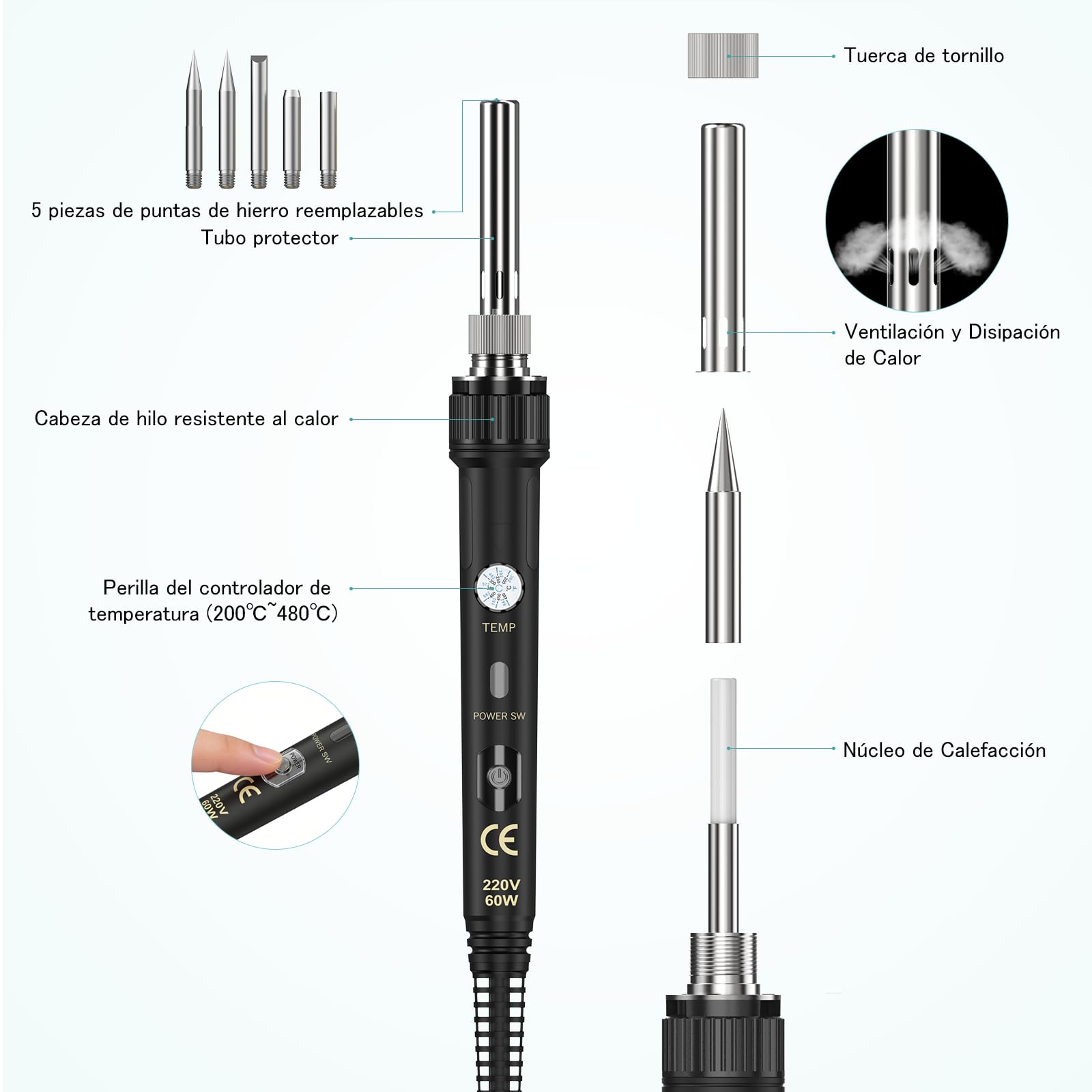Pirograbador de madera, Set Pirograbador 54-en-1, 60W, Temperatura 220-480°C – para Madera, Cuero, Pirografía – Ideal para principiantes y profesionales
