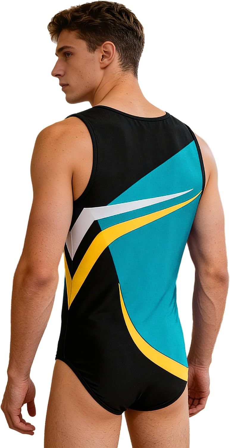 Mens Color Block Gymnastics Leotard Contrast Color Sports Jumpsuit Rompers Glitter Gymnastics Outfit