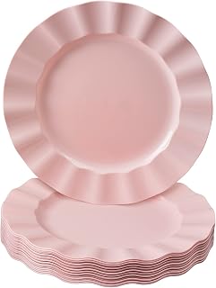 Elegant Plastic Plates for Party with Scalloped Rim (10 PC), Disposable Heavy-Duty Dinner Plates for Wedding Reception - 11.25”, Fancy Plastic Dinnerware Sets for Baby Shower, Birthday & Events - Pink
