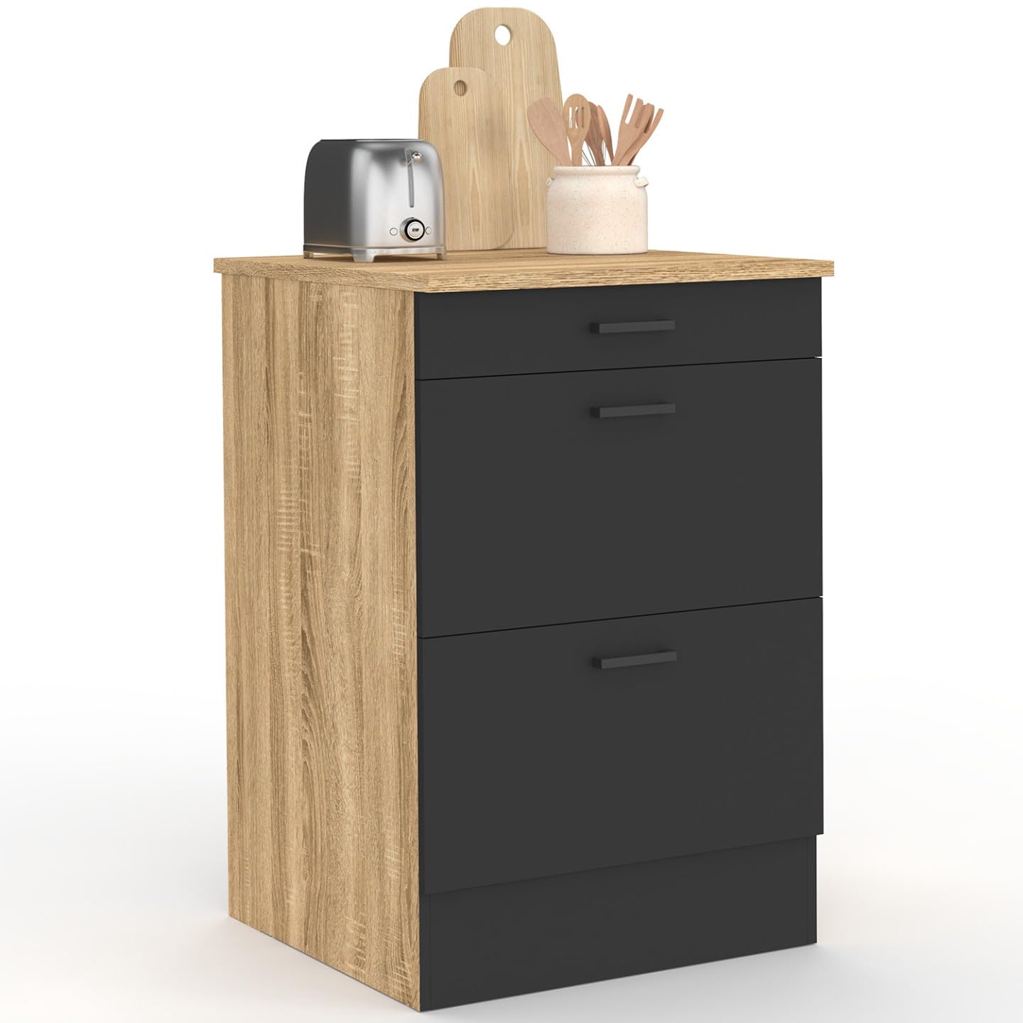 IDMarket - Meuble Bas de Cuisine 60 cm Subtil appoint casserolier 3 tiroirs Bois et Noir