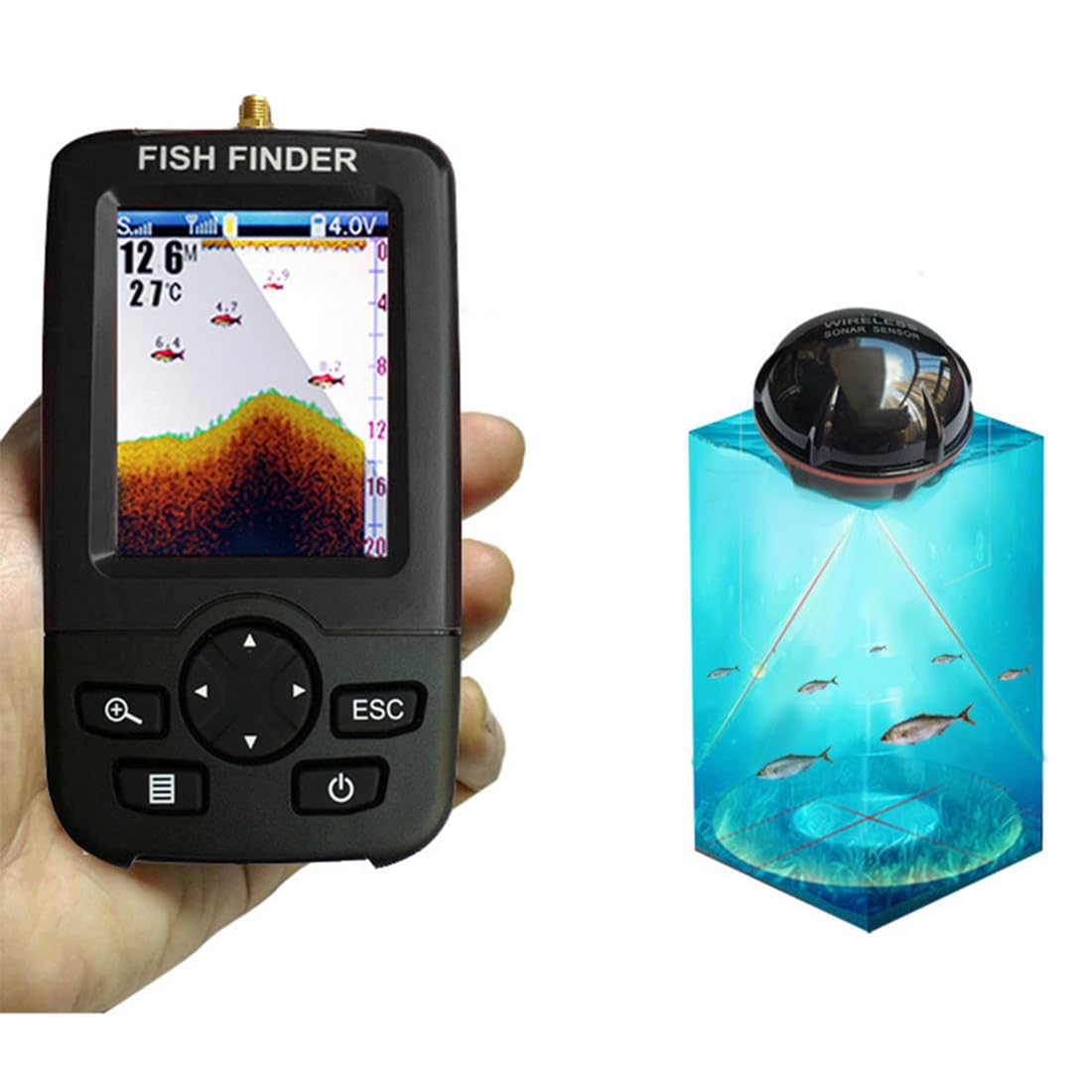Bezprzewodowy echosonda do łodzi zanętowych RC V802PRO/V030/V080, głębokość 45 m, czujnik sonarowy 90°, kolorowy wyświetlacz LCD, zasięg 100 metrów, akcesoria wędkarskie do połowów morskich i podlod