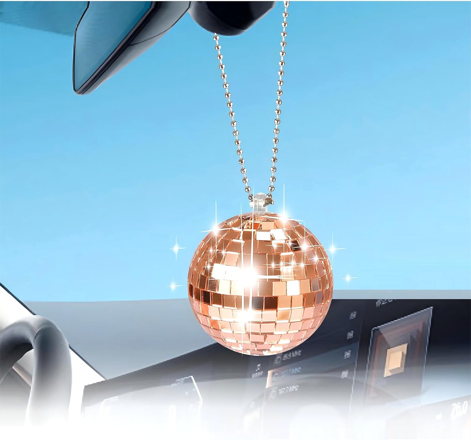 Rose Gold Disco Ball Car Mirror Ornament, 2 inches