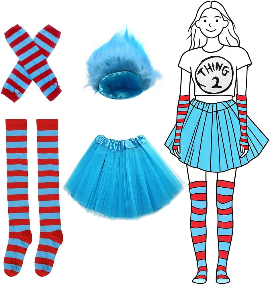 5 Costume Set for Women Thing1/ Thing 2 Blue Fluffy Wig Red Blue Tulle Tutu Skirt Striped Socks Stretchy Gloves