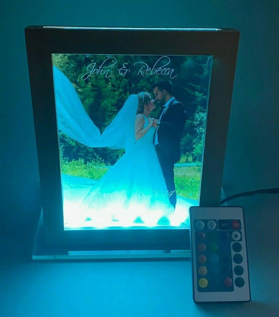 Large Custom Free Standing Premium Wood Picture Photo Frame With Your Photo UV Printed LED 7" x 8.75" Desk Table Light Personalized Laser Engraved With Remote, 16 Colors Changing - It's WOW