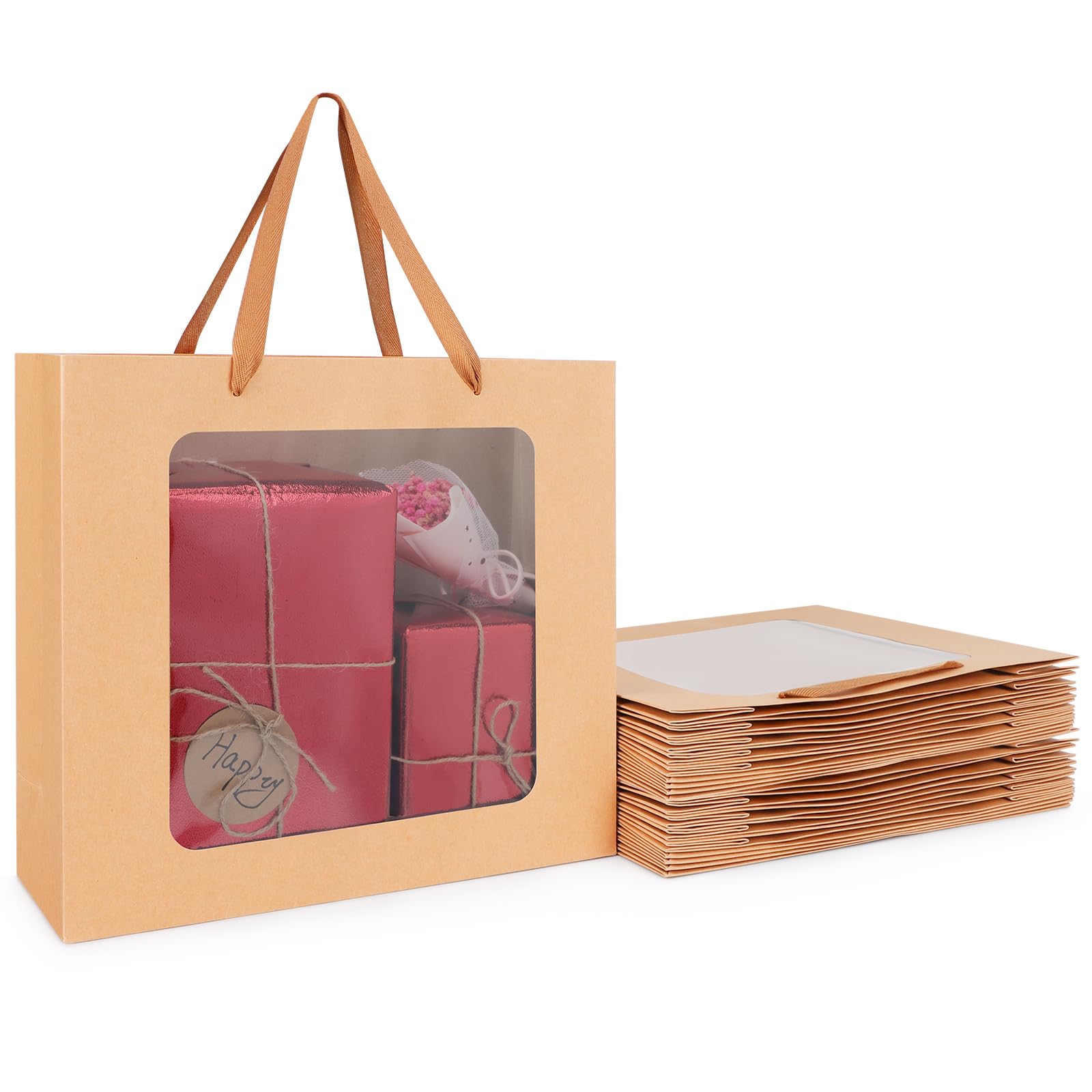 EUSOAR Gift Bag with Window - 20 Pack Kraft Paper Bags with Handles - 32x11.5x28cm L Large Gift Bags - 180GSM Paper Party Bags Brown - Gift bags Birthday party