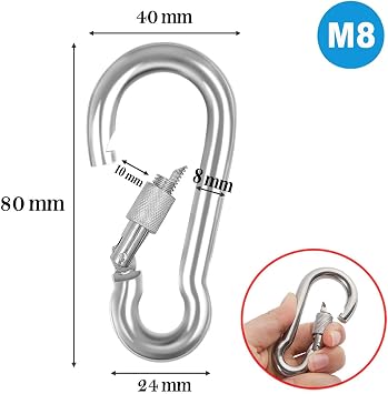8MM Spring Hook with Badem10 Carabiner Lock Stainless Steel Lock Climbing Fishing Rod Camping Equipment Hammock Key Hanger Lock 5PCS