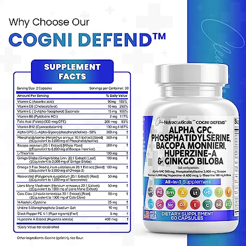 Alpha Gpc Choline 300Mg Phosphatidylserine 3000Mg Bacopa Monnieri 6000Mg Ginkgo Biloba 2000Mg Huperzine A 400Mcg Supplement With L Theanine Urdine Lions Mane Cats Claw Nac Vitamin C B D E - Usa Made #TOP3