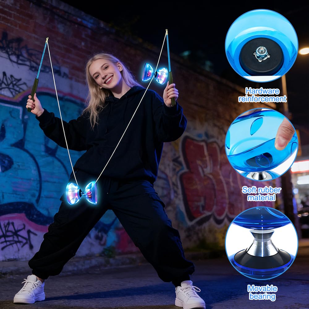 Diabolo con Cuscinetti a Sfera, Giocoliere Set con Luce a LED e Aste, Giocoliere in Gomma Morbida Trasparente con Corda di Ricambio e Tasca a Rete, Sport Ricreativi per Principianti, Blu