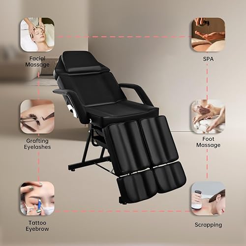 Miniatura 6 de Silla de tatuaje, silla facial con taburete hidráulico, cama facial ajustable para cliente con patas divididas para spa de belleza, color negro