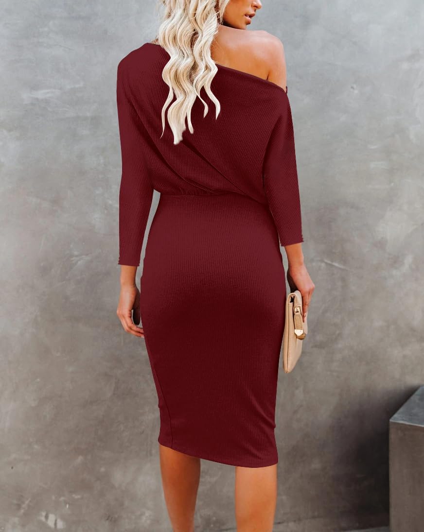 Ezbelle Women's Off The Shoulder 3/4 Sleeve Batwing HIPS-Wrap Pencil Party Sexy Bodycon Midi Dress Loose - Image 3