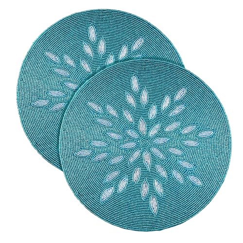 RIANGI Beaded Placemats - Circle Placemat Set of 2 for Dining Table Decor - 13 Inch Beaded Silver - Turquoise Placemats for Thanksgiving, Boho Party, Christmas Table Centerpieces - Turquoise-Silver