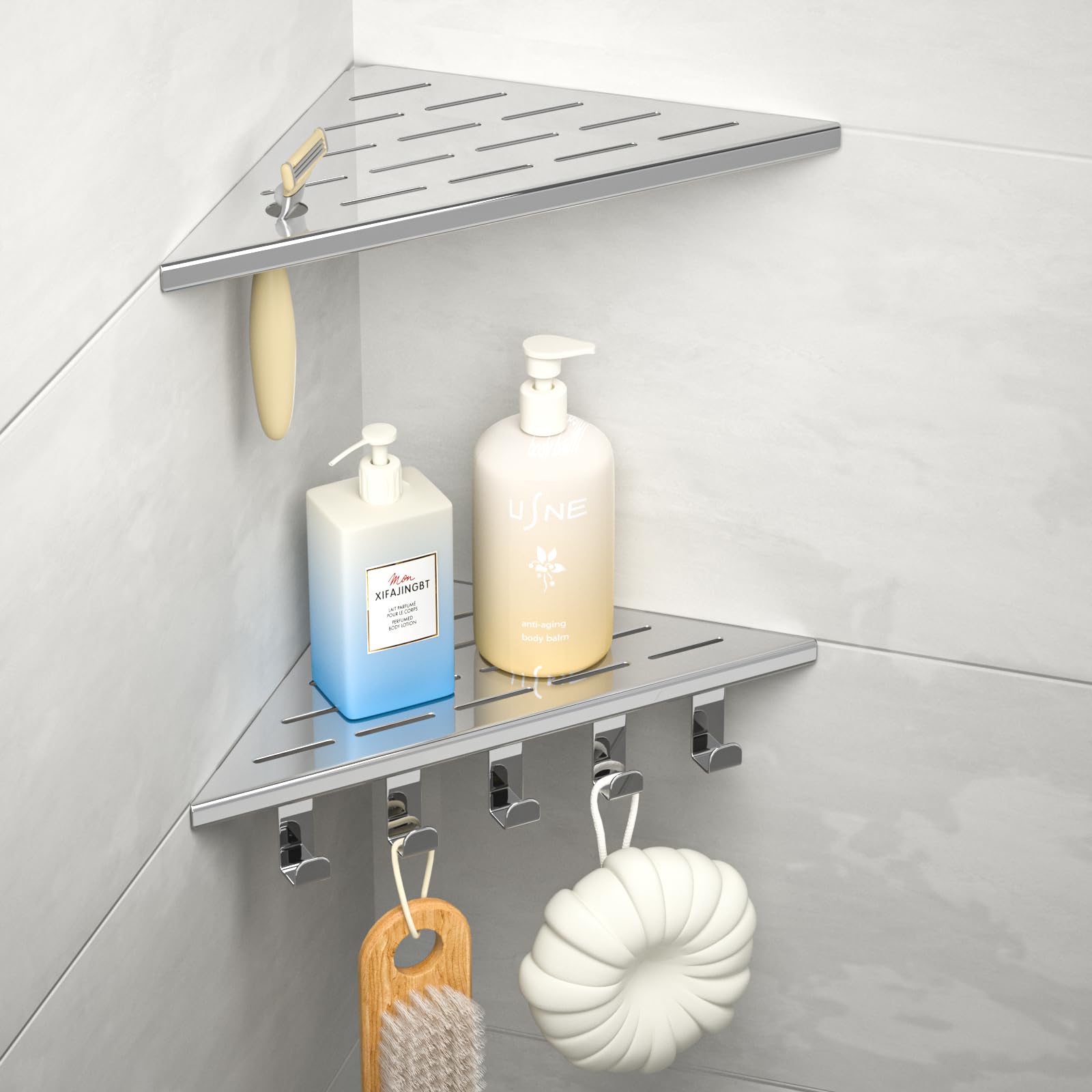 Étagère douche angle polie en inox avec crochets intégrés pour une finition miroir durable