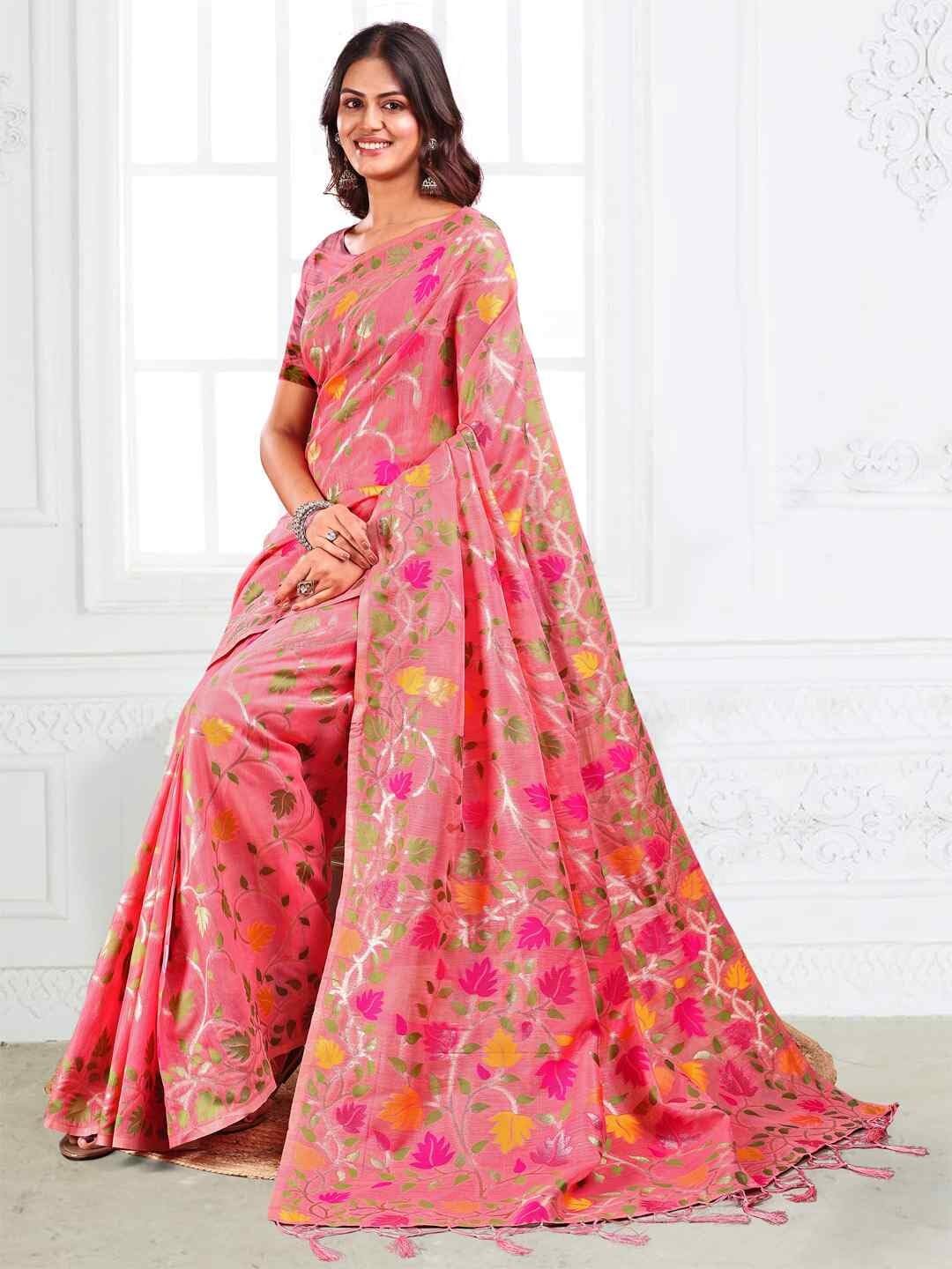 Shiv Textiles Women's Linen Cotton Floral Printed Saree(AUS-ASGUL1004-PINK) 2