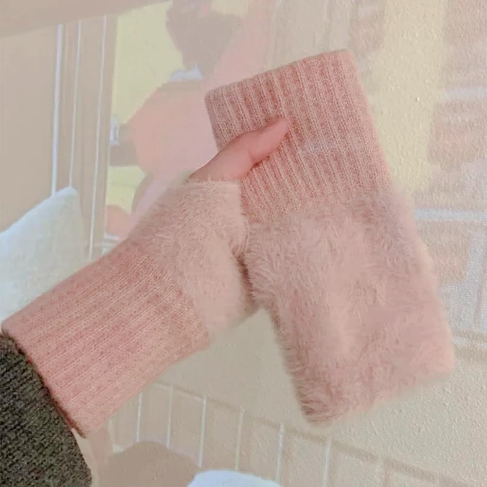 ECYC Ltd Plush Half Finger Wrist Mittens, Soft Faux Mink Fleece Winter Warm Fingerless Gloves for Women