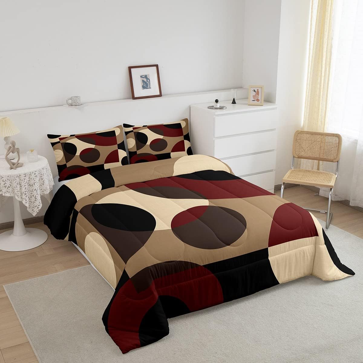 Red Geometric Quilt Circle Comforter Set,Abstract Swirls Lines Stripes Bedding Set Retro Geometric Duvet Insert,Rustic Modern Circle Psychedelic Urban Art Room Decor,Brown Black Down Comforter