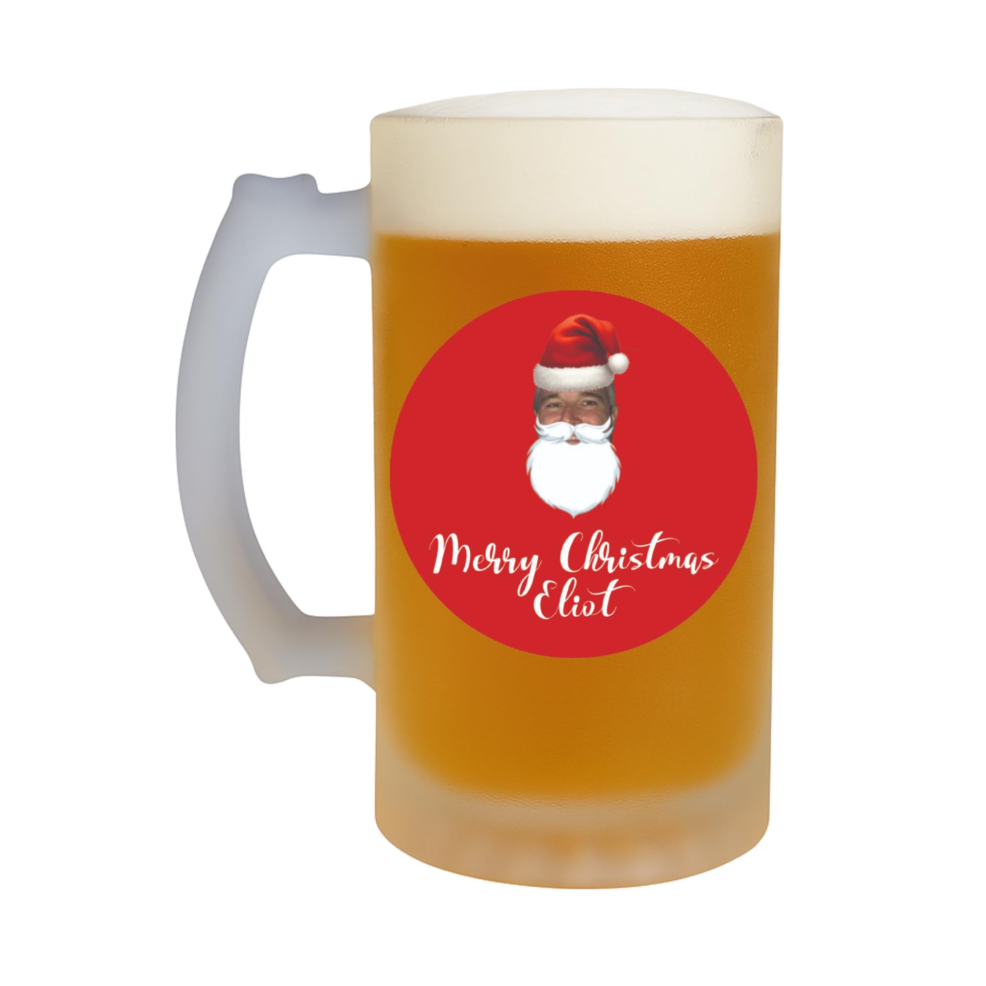 SelfHold Personalised Christmas Stein Beer Glass | Add Your Face & Name on 16oz Beer Stein Glass with Frosted Coating | Santa Hat & Beard Design | Funny Christmas Gifts for Him