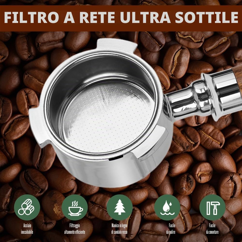 Portafiltro senza fondo 51 mm per DeLonghi Dedica EC680/EC685/EC885 con 3 orecchie e manico in legno, filtro in acciaio inox da 0,3 mm, compatibile con EC785/EC820/EC850/EC860, All Stainless Steel