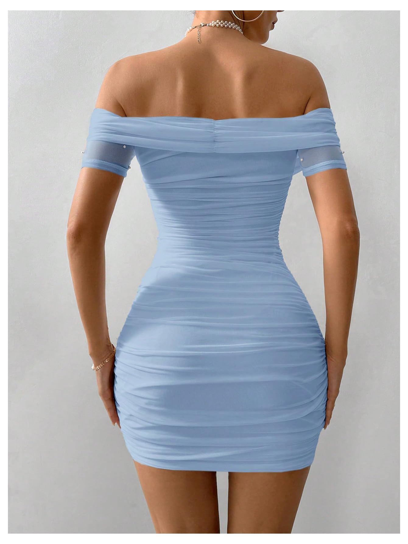 Floerns Vestido corto de manga corta con cuentas de perlas y hombros descubiertos para mujer, vestido de fiesta ajustado