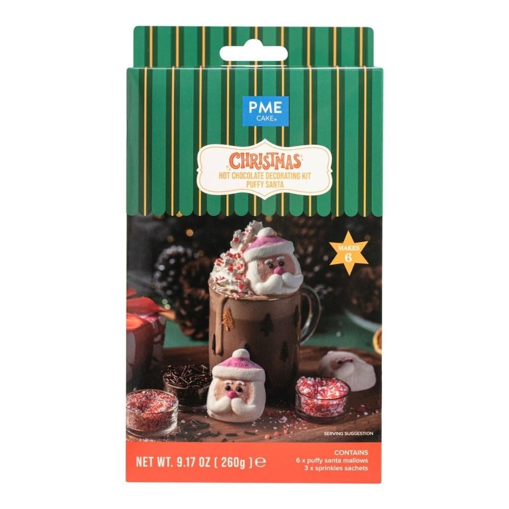PME Cake Hot Chocolate Puffy Santa Decorating Kit | 6 Marshmallow Santas & 3 Festive Sprinkle Sachets | Christmas Treat Set for Toasty Winter Holiday Drinks & Holiday Parties (260g / 9.17oz)