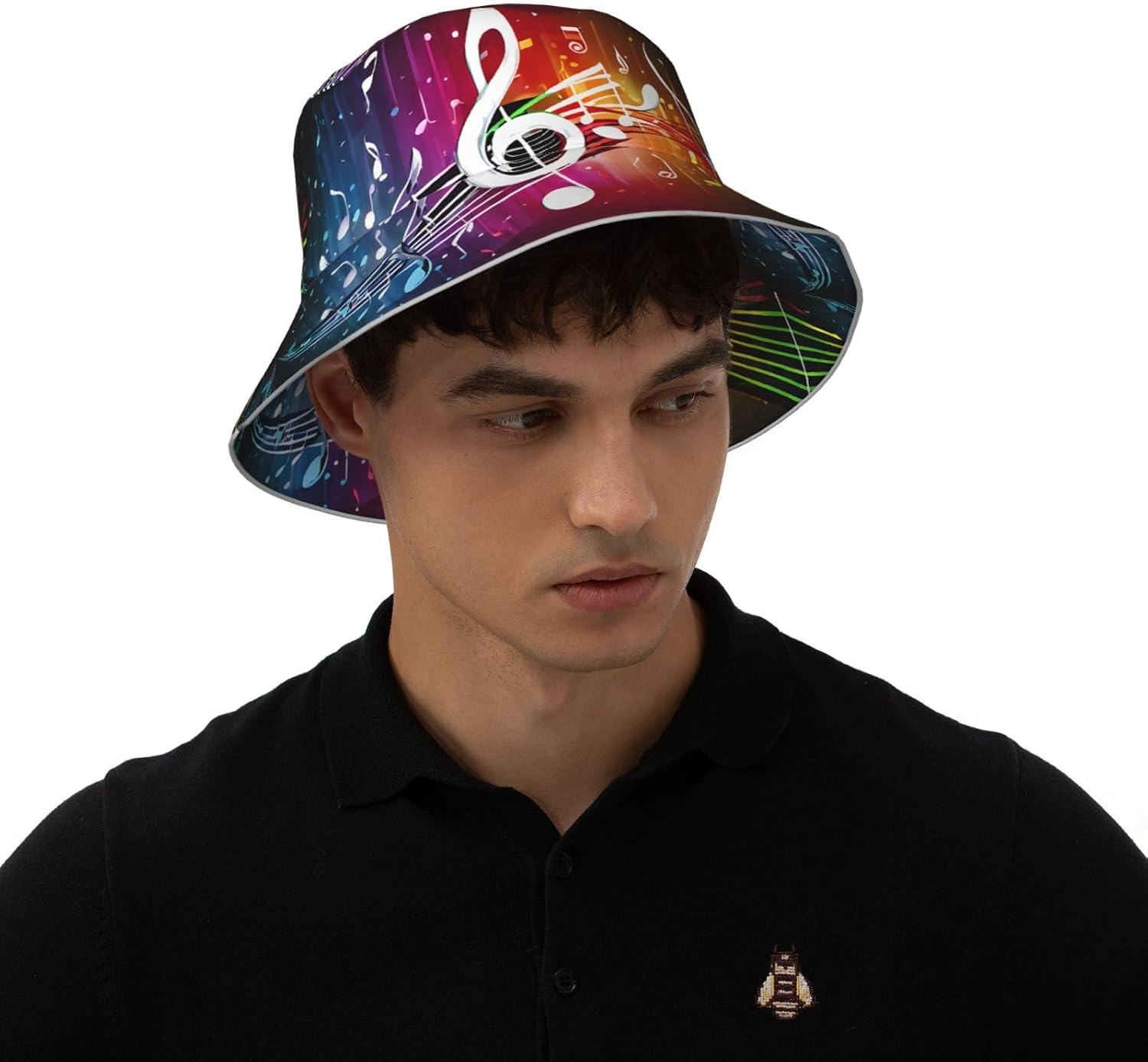 (Music Note) Reflective Reversible Bucket Hat Foldable Breathable Stylish Two-Way Wear for Outdoor Travel Daily Activities
