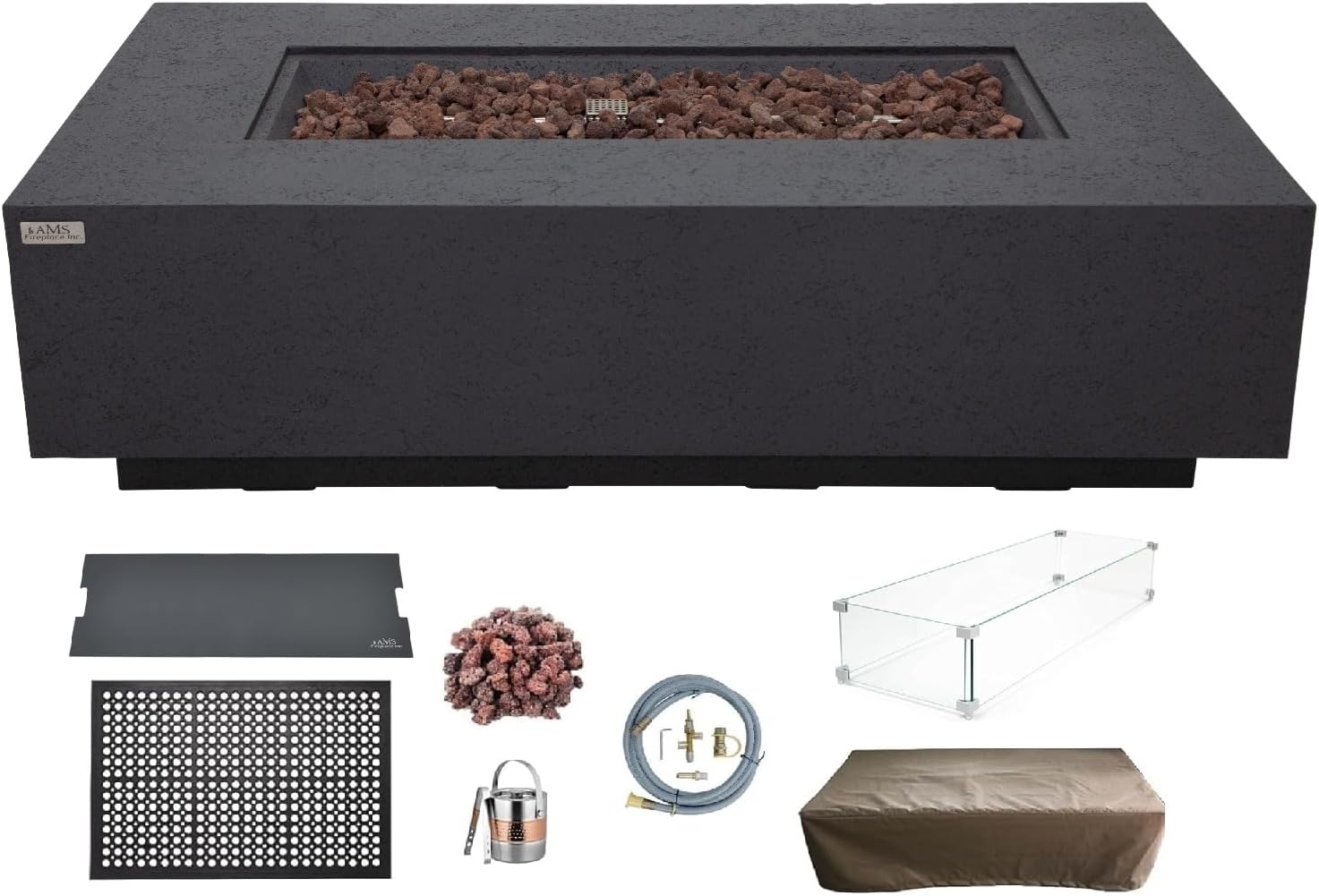 AMS Creations | Madison 60" Bundle Rectangular Natural Gas Outdoor Fire Pit Table | Dark Gray Concrete GFRC | Limestone Texture or Surface | Electronic Ignition | Outside Backyard Fireplace