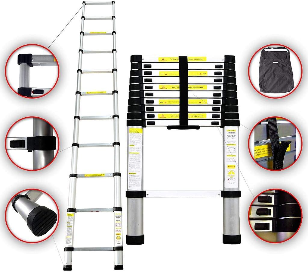 SOTECH - Foldable Ladder, Telescopic ladder, 3.2 meters (10.5 feet), FREE Carry bag, EN 131, Maximum load: 330 lbs, Standard/Certification: EN131