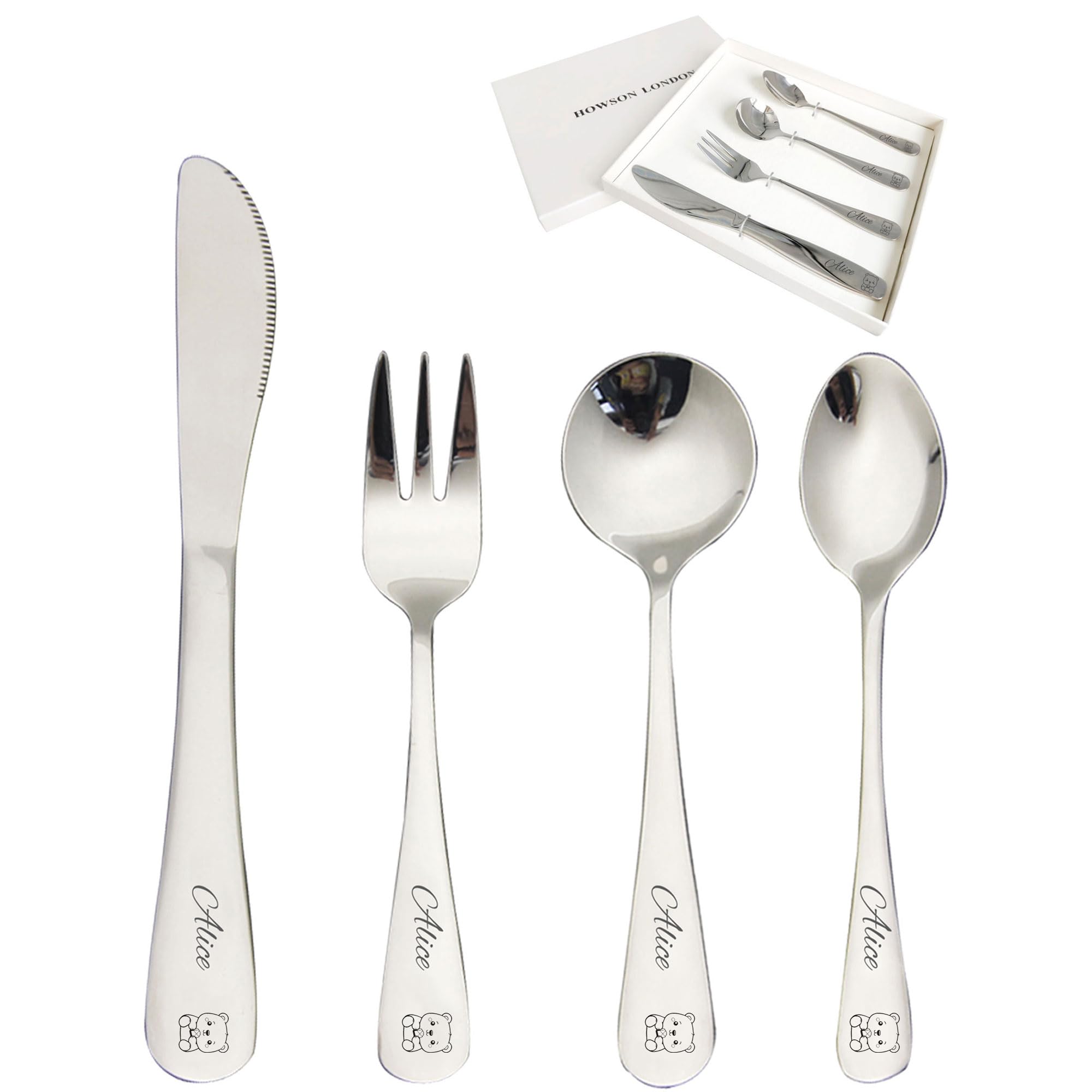 Personalized Cutlery Set for Kids Children Toddler Cutlery 4pcs Engraved Knife Fork Spoon Stainless Steel Cutlery Set Christening Christmas Gifts for Boy Kids Girls Cutlery Gifts (Bear)