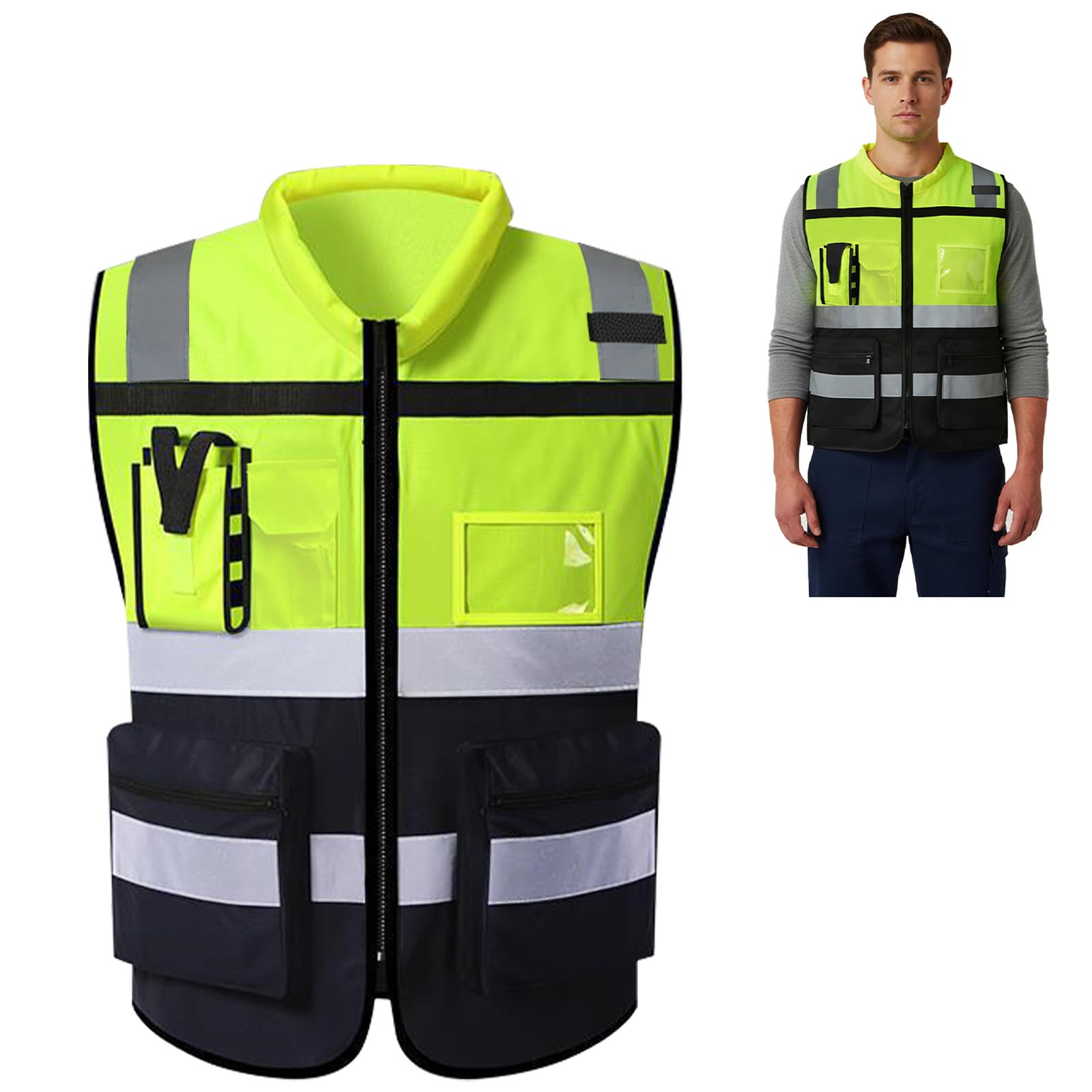 URAQT Chaleco Reflectante Homologado, Chaleco Reflectante de Seguridad, Chaleco Trabajo 7 Bolsillos con Cremallera, Chaleco de Seguridad de Alta Visibilidad para Limpiadores Trabajadores, Unisex, L