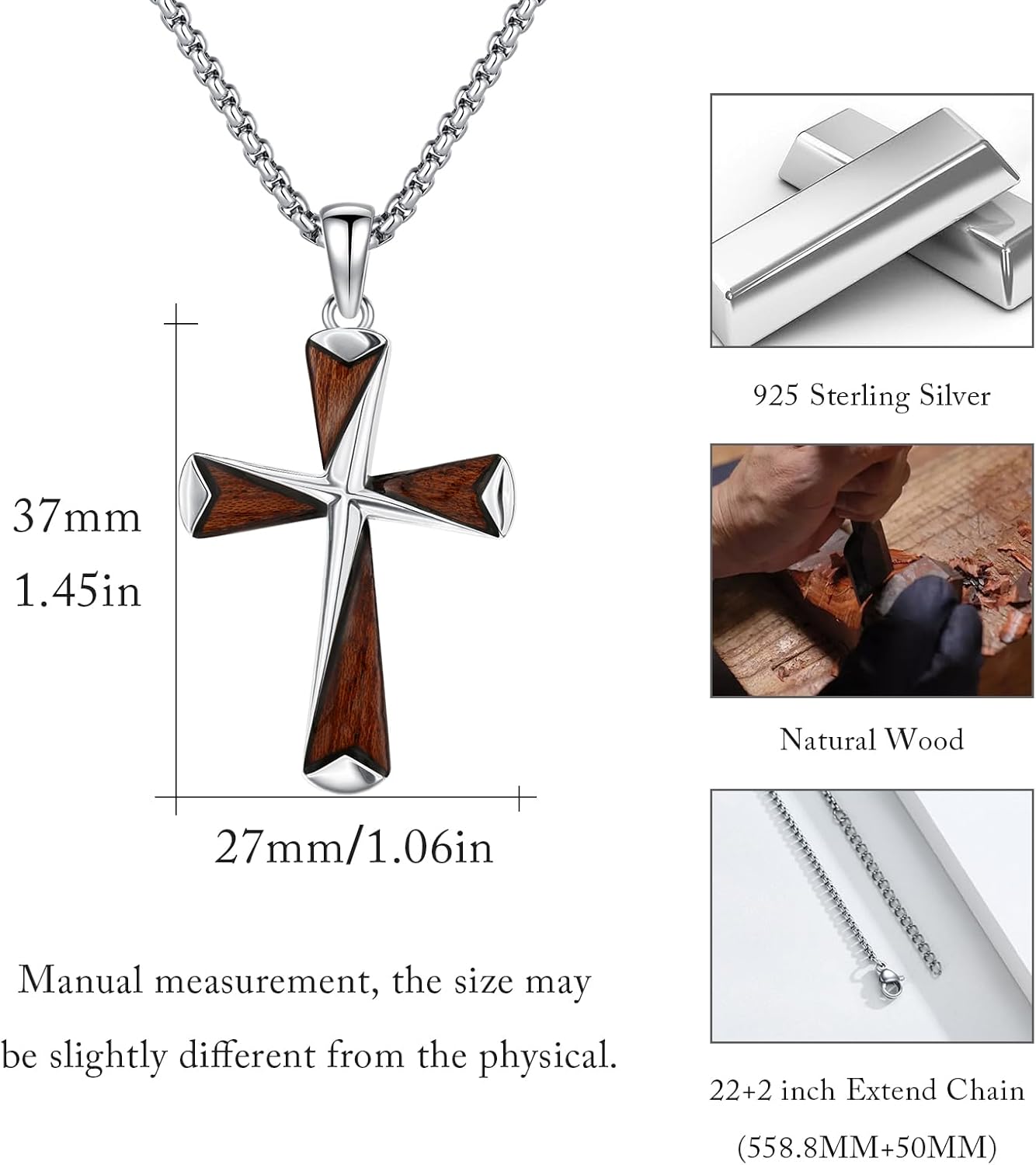 MEDWISE Wooden Cross Necklace Black/Silver/Gold for Men S925 Sterling Silver Real Natural Ebony Wood Cross Pendant Cross Necklaces Protection Jewelry for Men Women Wife Husband Friend Birthday Gifts