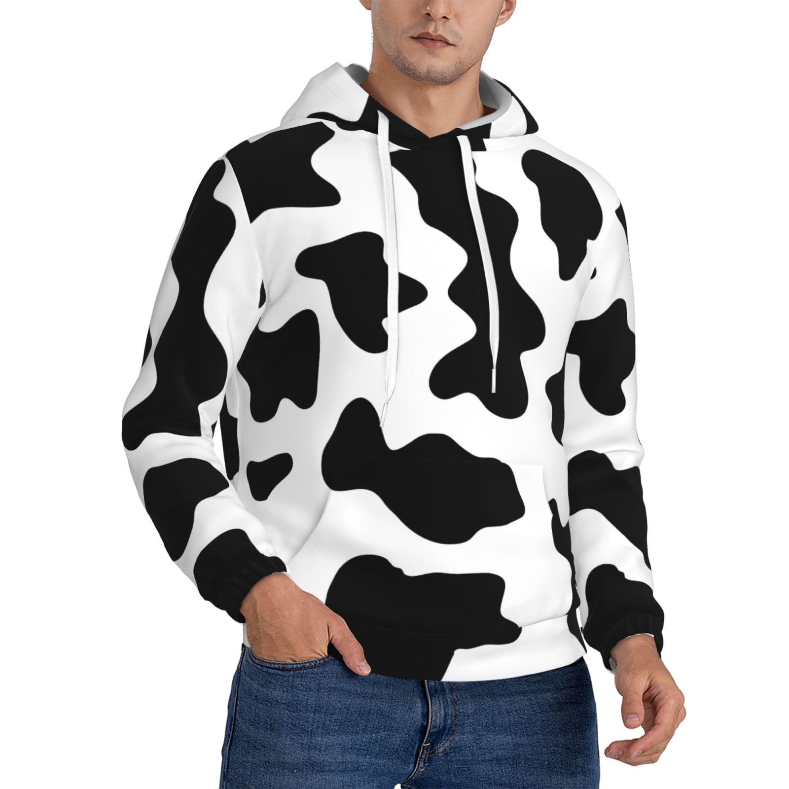 Sweat à capuche imprimé vache noire et blanche avec cordon de serrage ajustable - 8