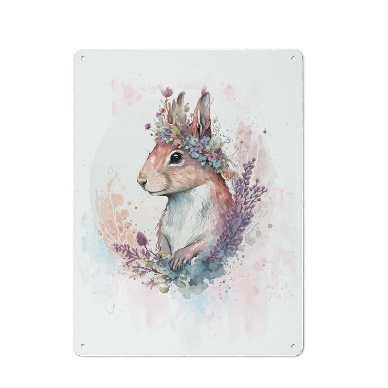 Flower Squirrel Artwork Cottage Style Metal Wall Decor 40x30cm, Farmhouse Metal Sign for Kitchen, Cottage, Porch Or Garden Room