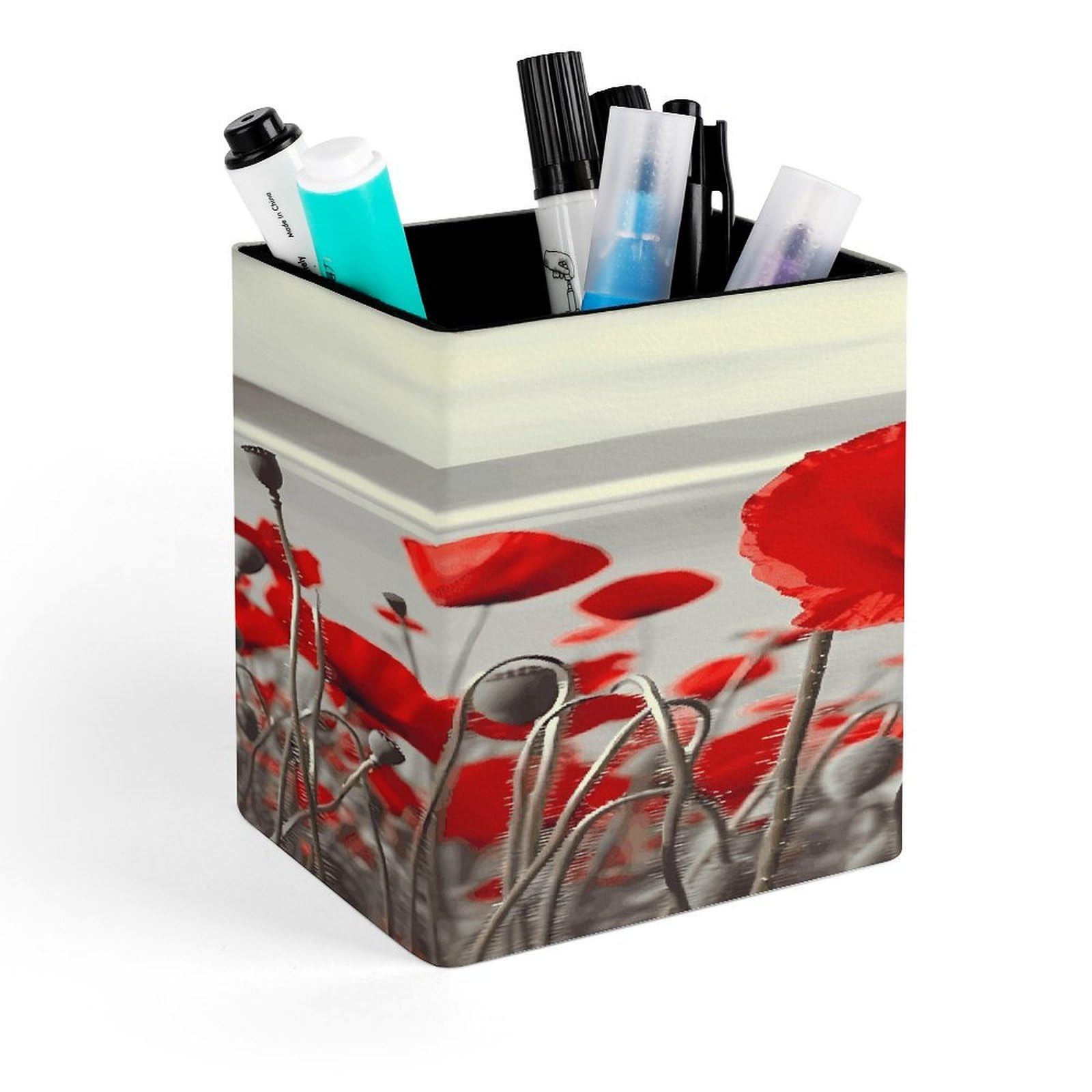 VstaDank Red Poppy Flower Pen Holder Square Pencil Holder Leather Pencil Cup Pen Organizer Makeup Brush Holders Pen Cups Desktop Stationery Organizer for Home Office Desk Organizers