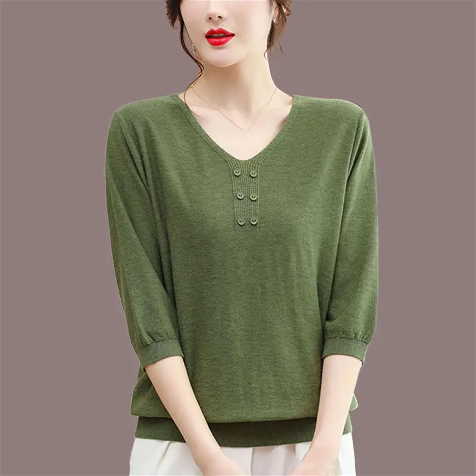 Maglietta da donna lavorata a maglia, mezza manica con scollo a V, tinta unita, stile vintage