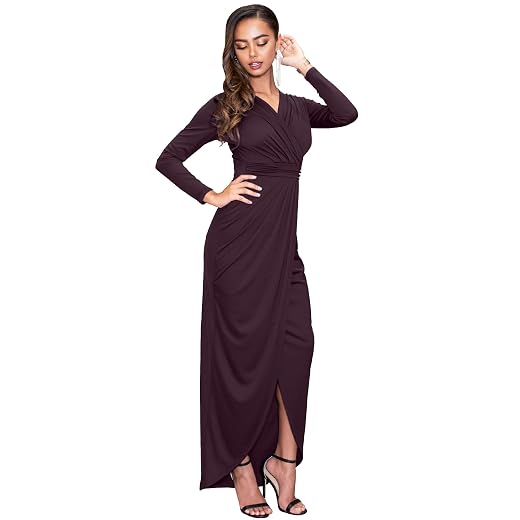 KOH KOH Womens Long Sleeve Formal Wrap Cocktail V-Neck Gown Maxi Dress