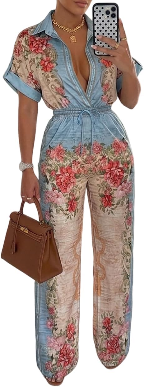 CHICME Womens Jumpsuit Boho Floral Wide Leg Vacation Outfit