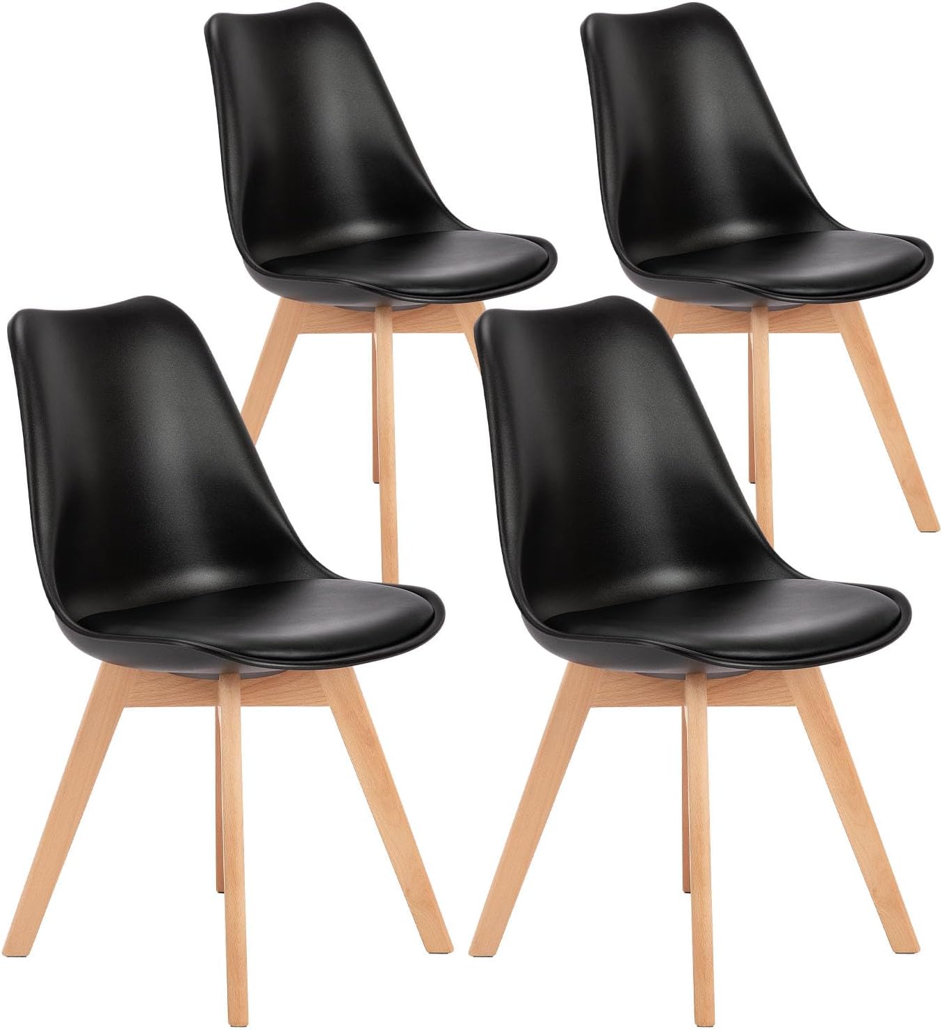 OLIXIS Set of 4 Dining Kitchen Mid-Century Modern Chairs with Wood Legs and PU Leather Cushion for Living Room Bedroom Outdoor Lounge, Black Black 4 Chairs